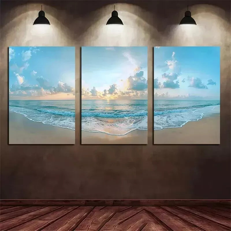 3pcs Beautiful Beach with Golden Sand and Sunset Wall Art Set Canvas Framed 50x70cm - High Quality Print 100% Australian Made Wall Canvas Ready to Hang