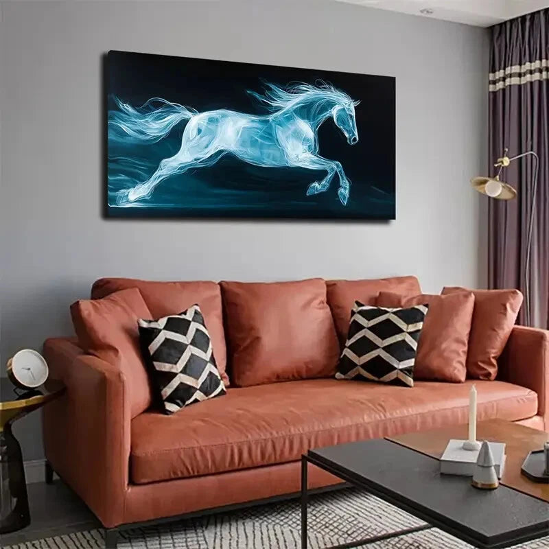 Dynamic Blue Horse Swirling Wall Art Canvas Office Home Room Framed 120x60cm - Bella Home Decor