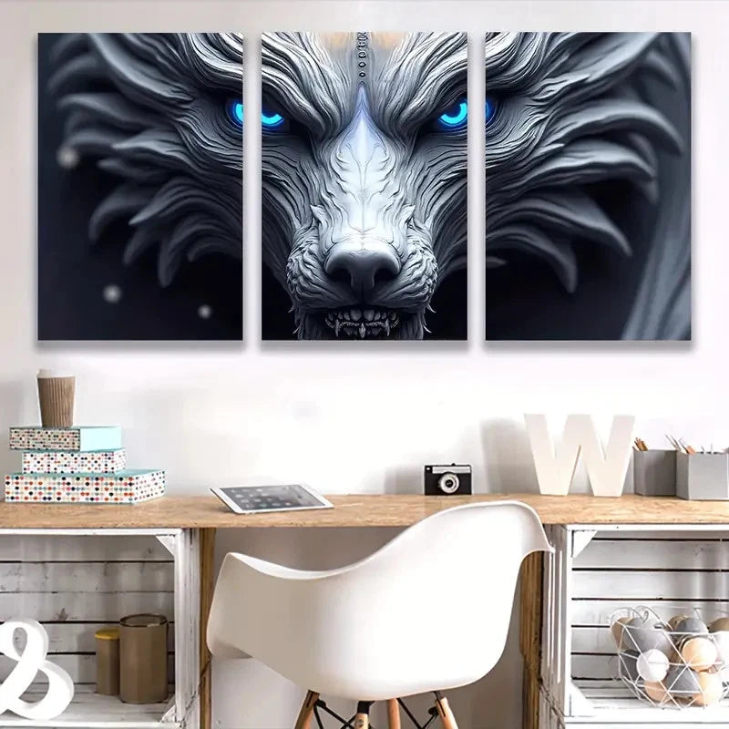 3pcs White Wolf with Blue Eyes, Spray-Painted  Wall Art Set Canvas Framed 60x90cm - High Quality Print 100% Australian Made Wall Canvas Ready to Hang