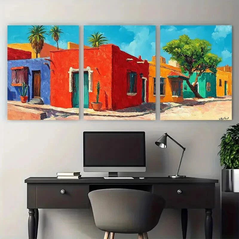 3pcs Vibrant Colorful Mexican House Cityscape Metal Print Ready to Hang Art - Bella Home Decor