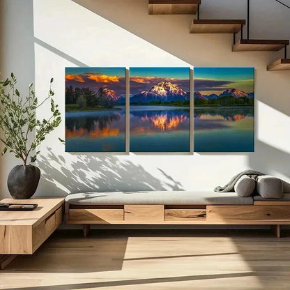3pcs Mountains Lakes Sun Reflection on Water Wall Art Set Canvas Framed 60x90cm - High Quality Print 100% Australian Made Wall Canvas Ready to Hang - Bella Home Decor