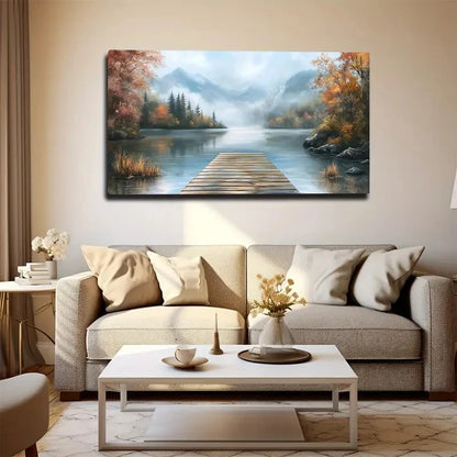 Serene Lake & Autumn Trees Wall Art canvas office home room framed 120x60cm