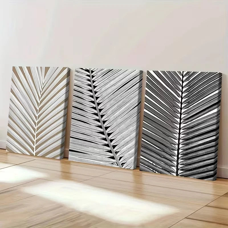3pcs Black and White Tropical Palm Leaf  Wall Art Set Canvas Framed 40x60cm - High Quality Print 100% Australian Made Wall Canvas Ready to Hang - Bella Home Decor