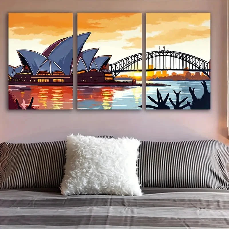 3pcs Sydney Opera House & Harbour Bridge Sunset Wall Art Set Canvas Framed 50x70cm - High Quality Print 100% Australian Made Wall Canvas Ready to Hang