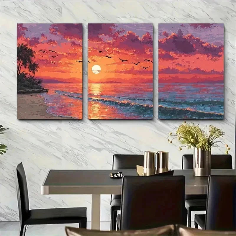 3pcs Palm Trees Waves & Birds Relaxing Perfect Wall Art Set Canvas Framed 50x70cm - High Quality Print 100% Australian Made Wall Canvas Ready to Hang