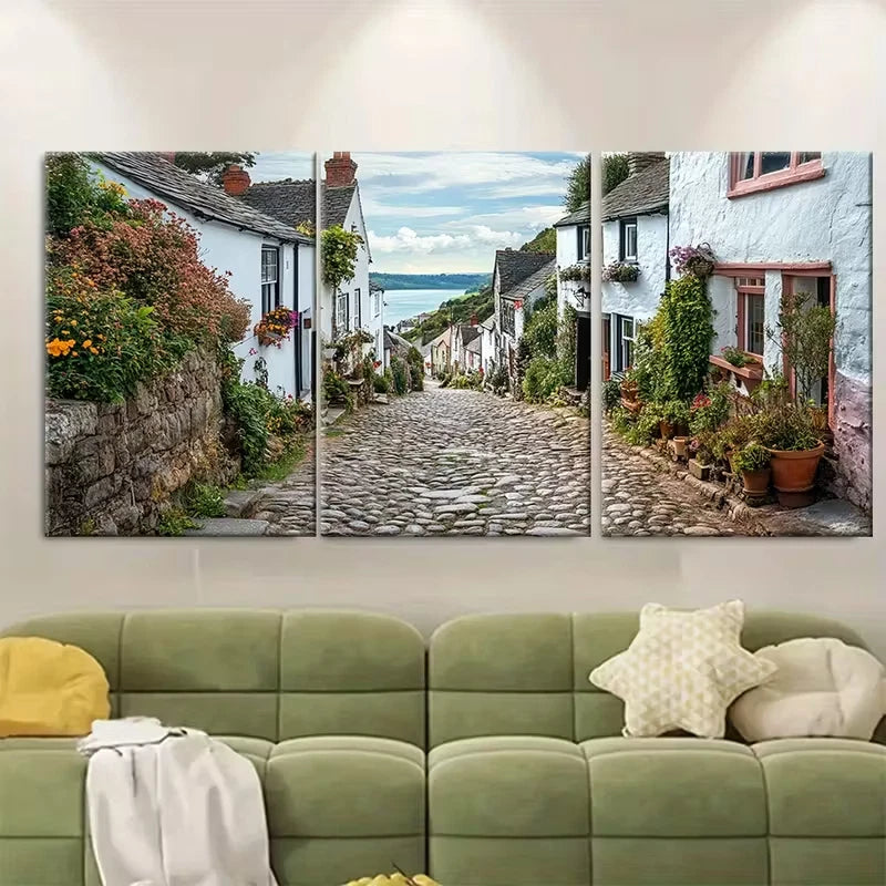 3pcs Narrow Cobblestone Streets Cottage Metal Print Ready to Hang Art