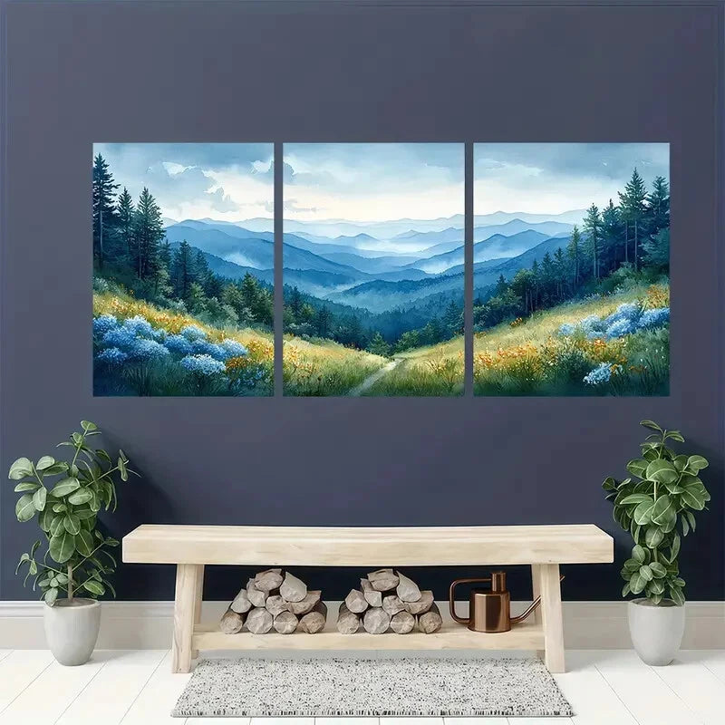 3pcs Watercolor Landscape of North Carolina Mounts Metal Print Ready to Hang Art - Bella Home Decor