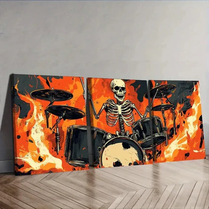 3pcs Skeletons Play Drums Wall Art Set Canvas Unframed - High Quality Print 100% Australian Made Wall Canvas