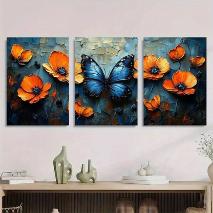 3pcs Van Gogh Inspired Butterflies & Poppies Metal Print Ready to Hang Art