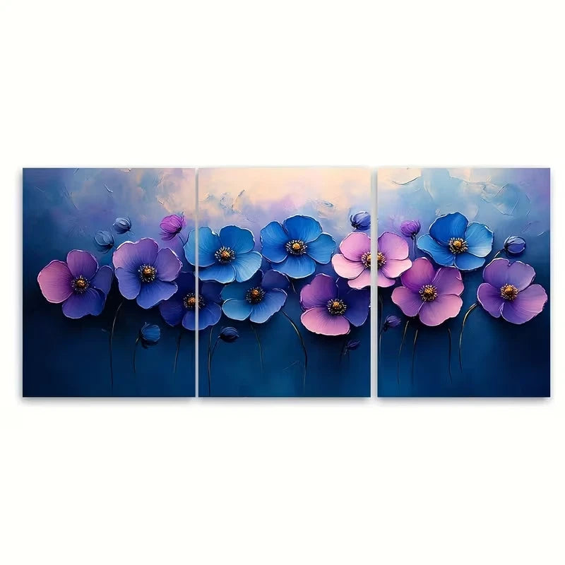 3pcs Purple Blue Spring Flower Bouquet Wall Art Set Canvas Framed 50x70cm - High Quality Print 100% Australian Made Wall Canvas Ready to Hang