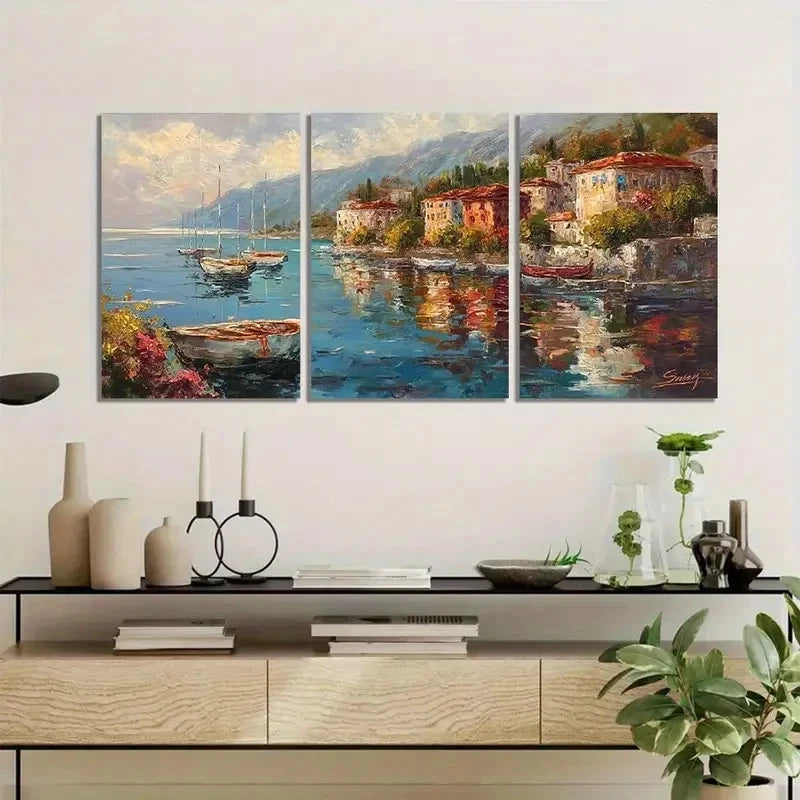 3pcs Coastal Town Scene with Boats Buildings Metal Print Ready to Hang Art - Bella Home Decor