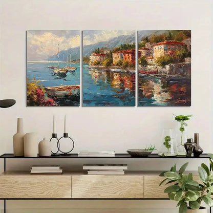3pcs Coastal Town Scene with Boats Buildings Metal Print Ready to Hang Art - Bella Home Decor
