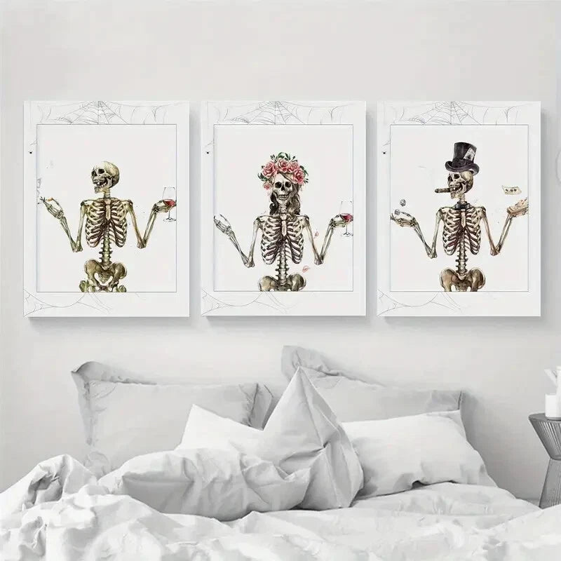 3pcs Spooky Season Halloween Skeleton Watercolor Metal Print Ready to Hang Art - Bella Home Decor