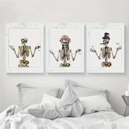 3pcs Spooky Season Halloween Skeleton Watercolor Metal Print Ready to Hang Art - Bella Home Decor