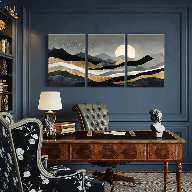 3pcs Abstract Landscape Art Golden Mountains Metal Print Ready to Hang Art - Bella Home Decor
