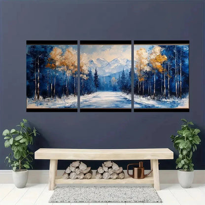 3pcs Handmade Painting Forest Snow Scene Metal Print Ready to Hang Art