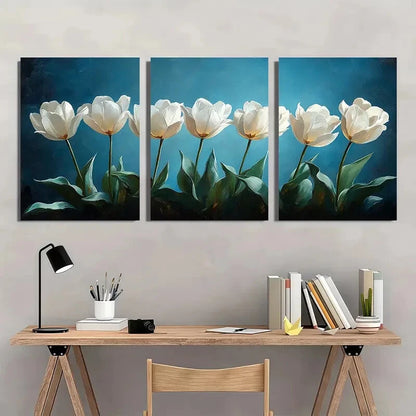 3pcs White Tulips with Dark Blue Background Metal Print Ready to Hang Art - Bella Home Decor