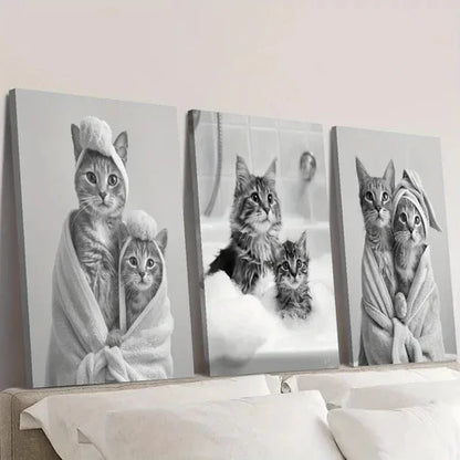 3pcs Adorable Black and White Cat Wall Art Set Canvas Unframed - High Quality Print 100% Australian Made Wall Canvas - Bella Home Decor