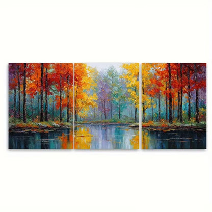 3pcs Vibrant Nature Reflection Autumn Forest Lake Metal Print Ready to Hang Art