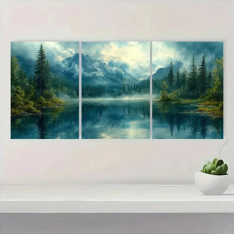 3pcs Barclay Lake Mountain Watercolor Landscape Metal Print Ready to Hang Art - Bella Home Decor