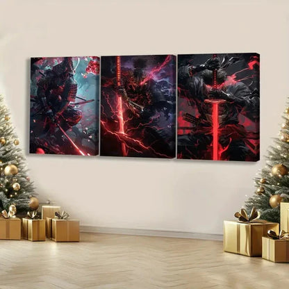 3pcs Anime Comic Vivid Color Samurai Thunder Red Wall Art Set Canvas Unframed - High Quality Print 100% Australian Made Wall Canvas - Bella Home Decor
