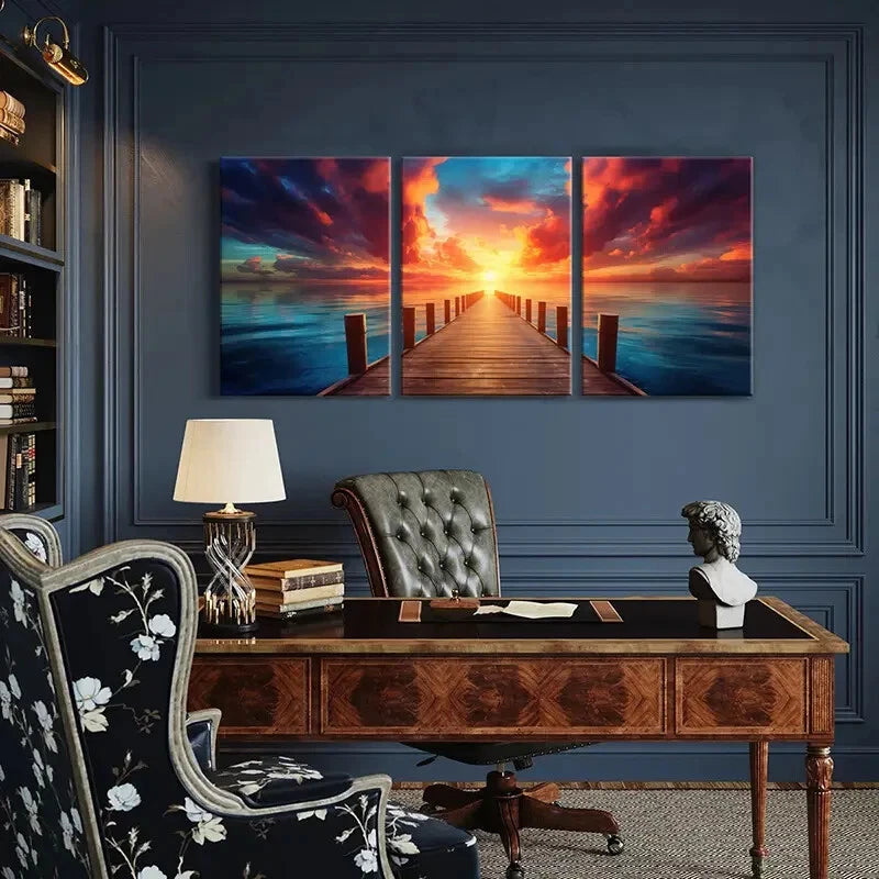 3pcs Sunset Wooden Pier Ocean View Dramatic Metal Print Ready to Hang Art - Bella Home Decor