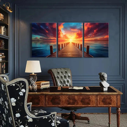 3pcs Sunset Wooden Pier Ocean View Dramatic Metal Print Ready to Hang Art - Bella Home Decor