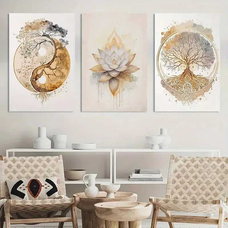 3pcs Painting Tree of Life Lotus Zen Metal Print Ready to Hang Art - Bella Home Decor
