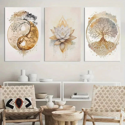 3pcs Painting Tree of Life Lotus Zen Metal Print Ready to Hang Art - Bella Home Decor