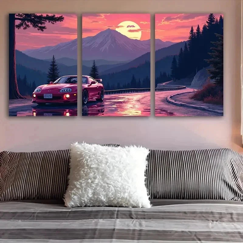 3pcs Red Sports Car On Mountain Road Wall Art Set Canvas Framed 40x60cm - High Quality Print 100% Australian Made Wall Canvas Ready to Hang