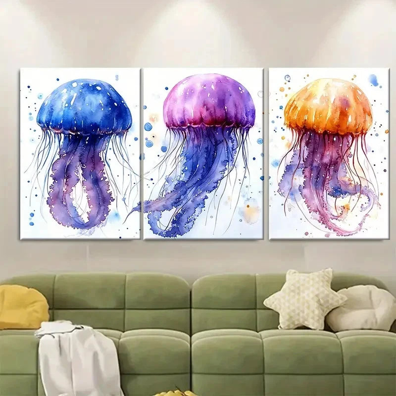 3pcs Jellyfish Gracefully Swimming EI  Wall Art Set Canvas Framed 40x60cm - High Quality Print 100% Australian Made Wall Canvas Ready to Hang