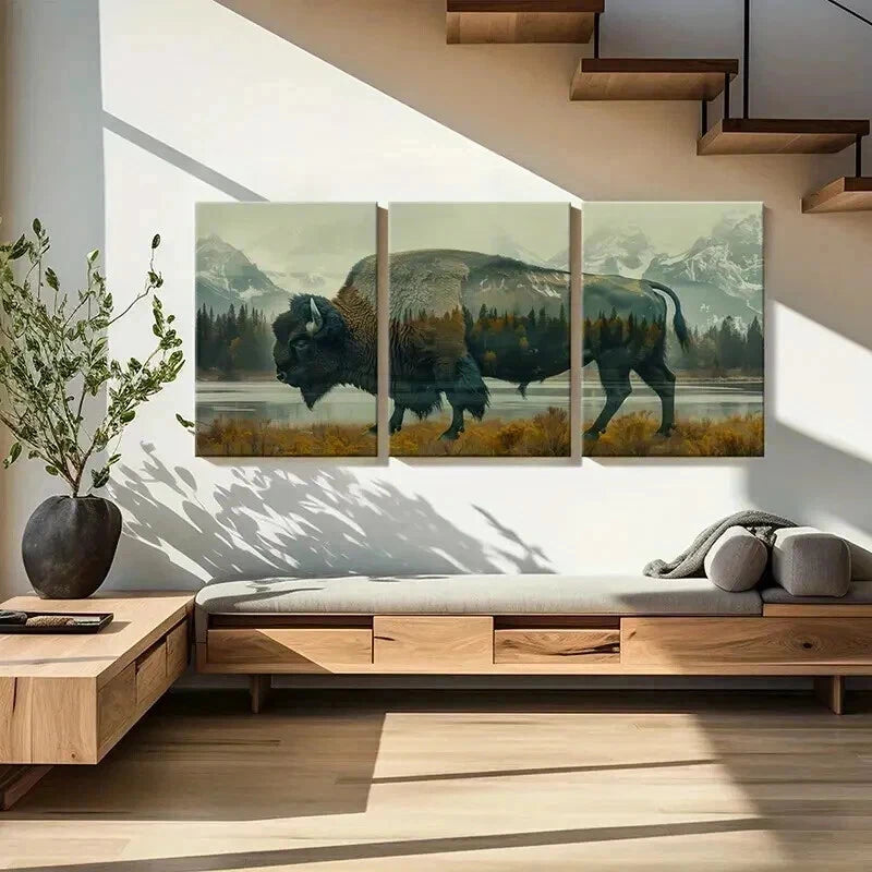 3pcs Buffalo Silhouette with Forest Landscape Wall Art Set Canvas Framed 60x90cm - High Quality Print 100% Australian Made Wall Canvas Ready to Hang - Bella Home Decor