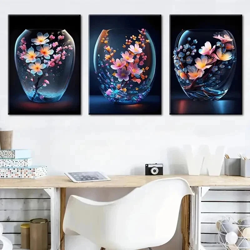 3pcs Modern Floral Flower Blue & Orange Perfect Wall Art Set Canvas Framed 50x70cm - High Quality Print 100% Australian Made Wall Canvas Ready to Hang - Bella Home Decor