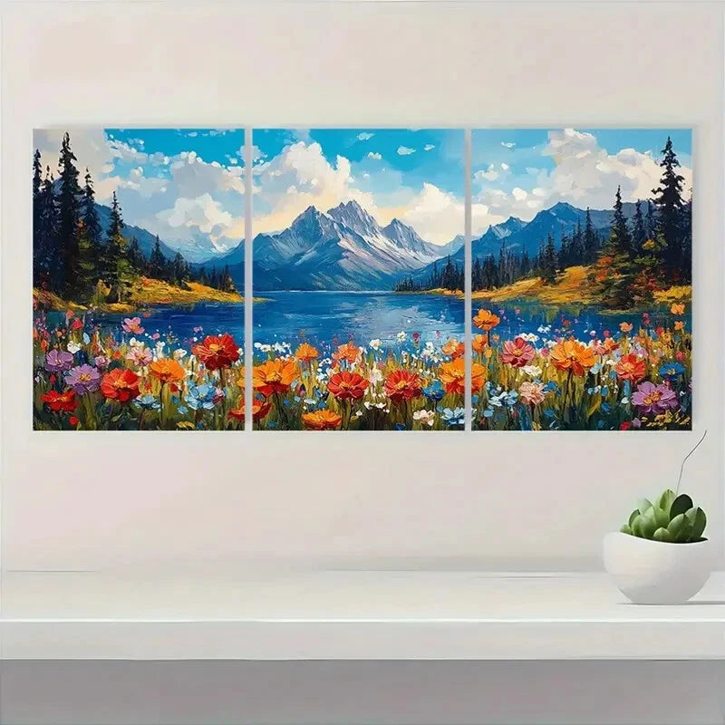3pcs Vibrant Spring Mountain Art Painting Metal Print Ready to Hang Art