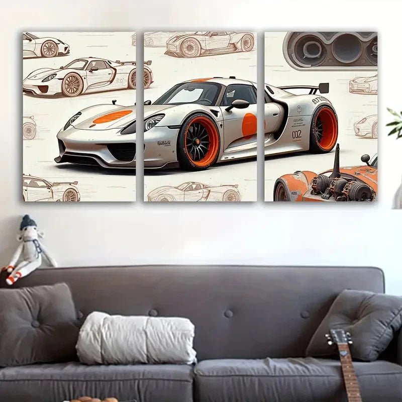 3pcs White And Orange Racing Car Illustrations Wall Art Set Canvas Framed 60x90cm - High Quality Print 100% Australian Made Wall Canvas Ready to Hang