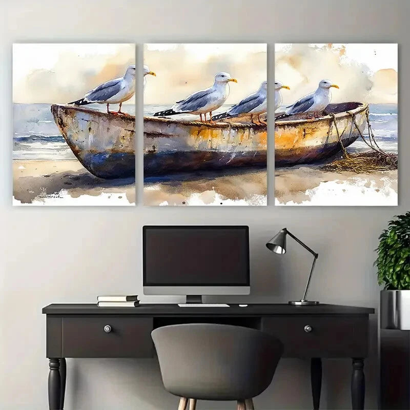 3pcs Seagulls on Old Fishing Boat Metal Print Ready to Hang Art - Bella Home Decor