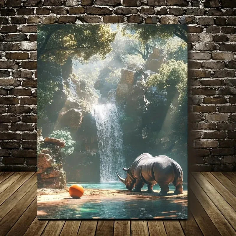 Beautiful Cyberpunk Rhino Playing with Ball Painting 40x60cm Metal Print Ready to Hang - Bella Home Decor