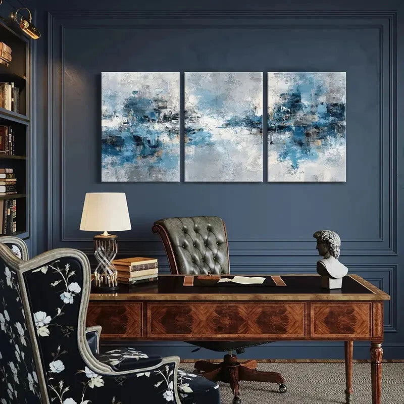 3pcs Modern Abstract Blue & White Textured Metal Print Ready to Hang Art - Bella Home Decor