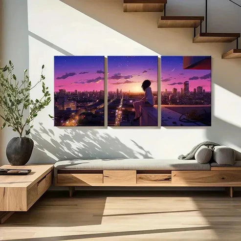 3pcs Girl Calm Sunset & City Night View Wall Art Canvas Unframed - High Quality Print 100% Australian Made Wall Canvas