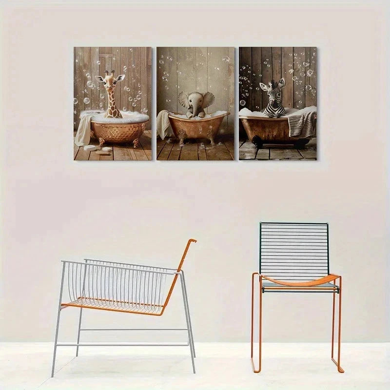 3pcs Adorable Animal Bath Time Metal Print Ready to Hang Art - Bella Home Decor