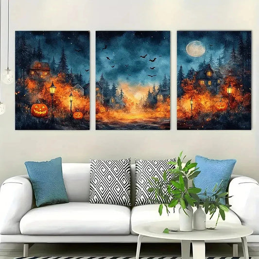 3pcs Halloween Lamp Bat and House Scenery Metal Print Ready to Hang Art