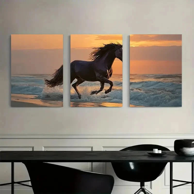 3pcs Majestic Black Horse Galloping Flowing Wildly Metal Print Ready to Hang Art - Bella Home Decor