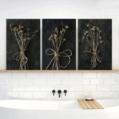 3pcs Painting Moody Vintage Black Floral Metal Print Ready to Hang Art - Bella Home Decor