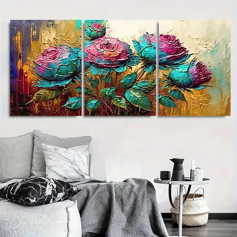 3pcs Vibrant Teal & Pink Roses Textured Wall Art Set Canvas Framed 60x90cm - High Quality Print 100% Australian Made Wall Canvas Ready to Hang