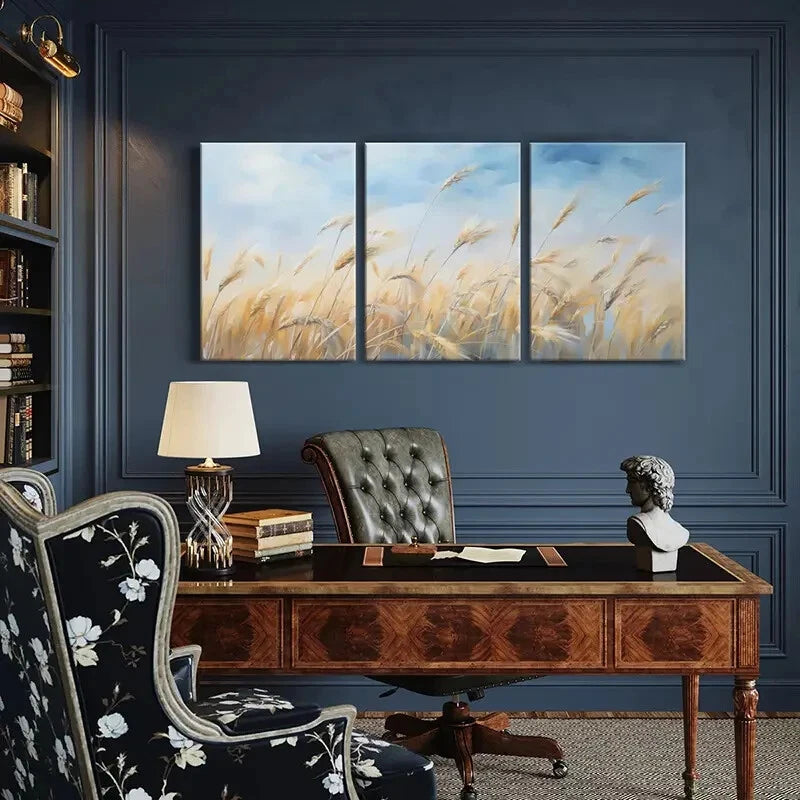 3pcs Golden Wheat Blue Sky Landscape Art Metal Print Ready to Hang Art - Bella Home Decor
