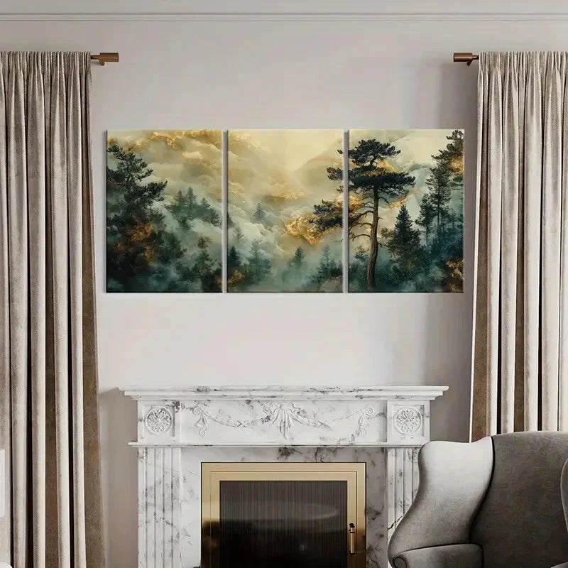 3pcs Mystical Forest Golden Cloud Serene Landscape Metal Print Ready to Hang Art - Bella Home Decor