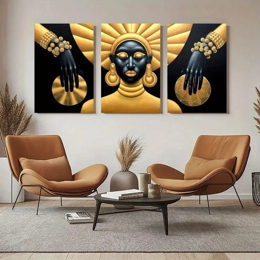 3pcs Striking Golden and Black Wall Art Set Canvas Framed 50x70cm - High Quality Print 100% Australian Made Wall Canvas Ready to Hang