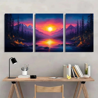 3pcs Mountain Sunset Abstract Forest & Lake Metal Print Ready to Hang Art - Bella Home Decor
