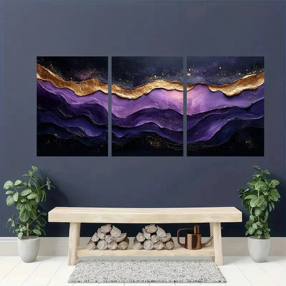 3pcs Abstract Golden Wave Black & Purple Textured Metal Print Ready to Hang Art - Bella Home Decor