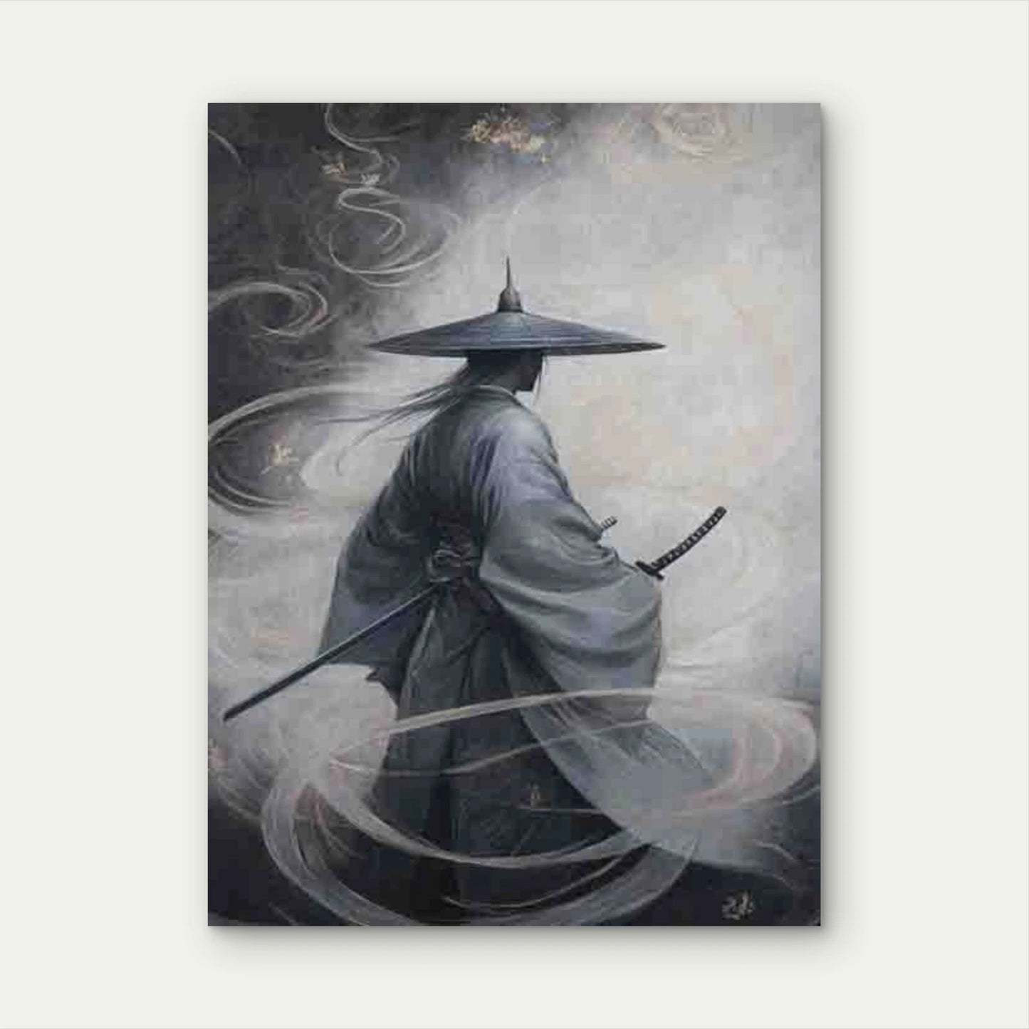 Elegant Samurai in Hat Serene Swirling Design 40x60cm Metal Print Ready to Hang - Bella Home Decor